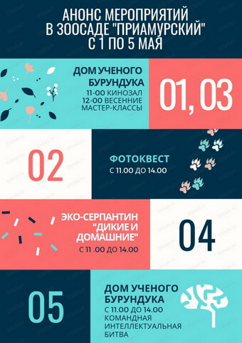 Анонс мероприятий в Зоосаде «Приамурском» с 01.05.19 по 05.05.19.